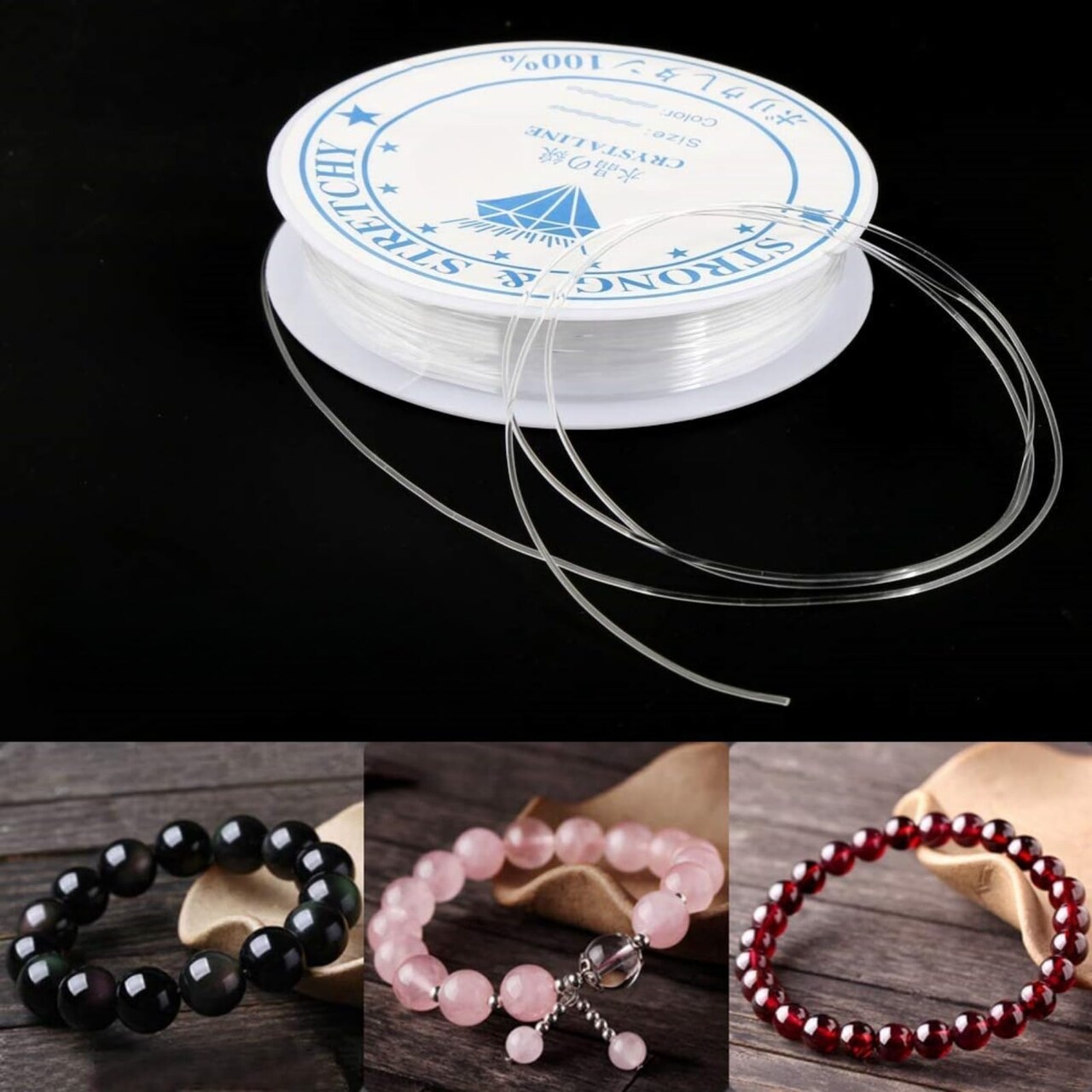 4 Roll 0.8mm Elastic String, Stretchy String Crystal String Bead Cord with Beading Needles and Scissors for Bracelet, Beading and Jewelry Making